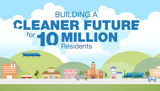 infographic poster with cartoony houses,cars and mountain in background promoting clean energy